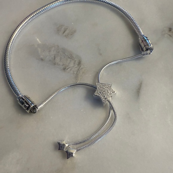 Authentic Pandora Sterling Silver Slider Bracelet Pavé Star Adjustable - Picture 3 of 5